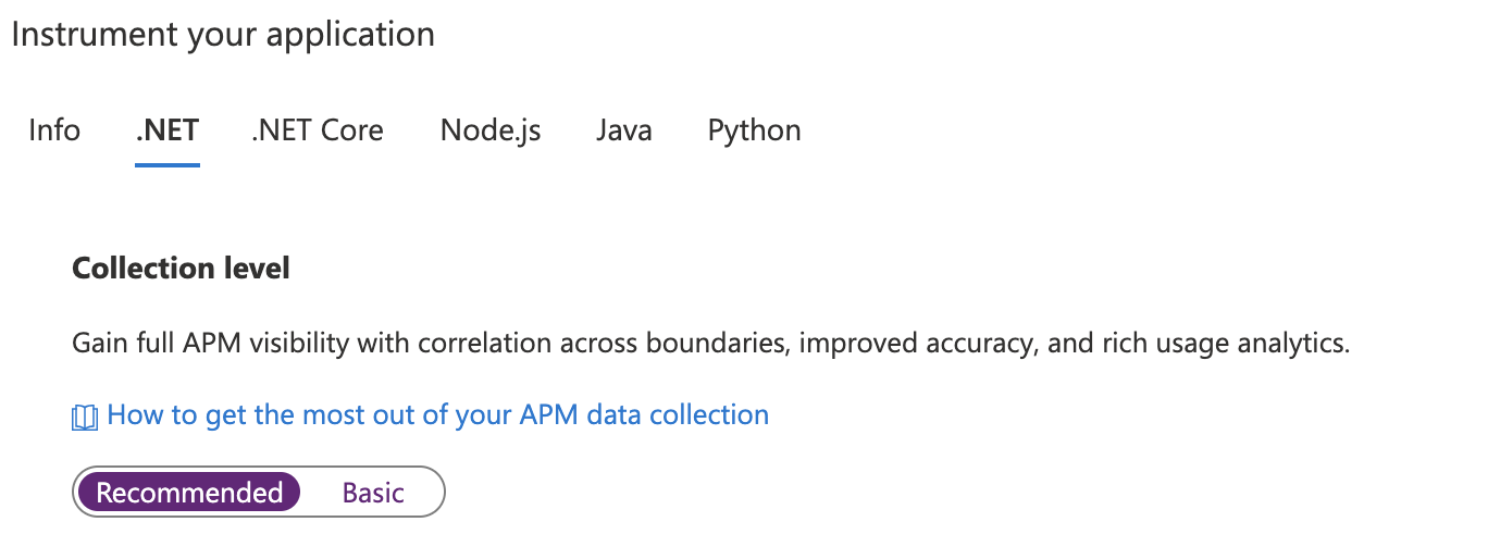 Captura de tela que mostra a página extensões do site do Application Insights com Criar novo recurso selecionado.