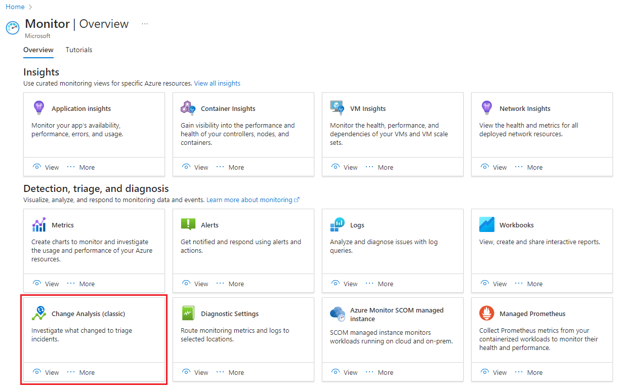 Captura de tela que mostra a seleção do cartão de Análise de Alterações na página de Visão Geral do Azure Monitor.