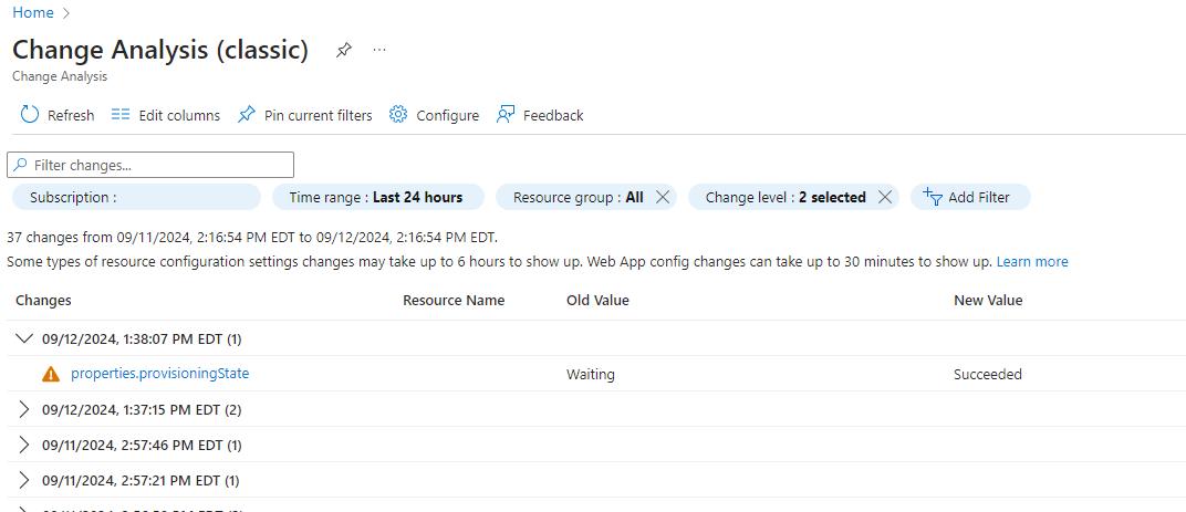 Captura de tela que mostra o painel Análise de alterações (clássica) no portal do Azure.