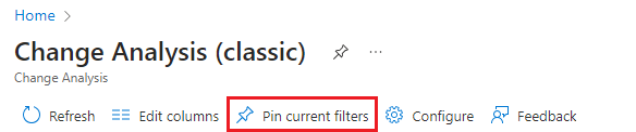 Captura de tela que mostra a seleção de Fixar filtros atuais na Análise de Alterações (clássica).