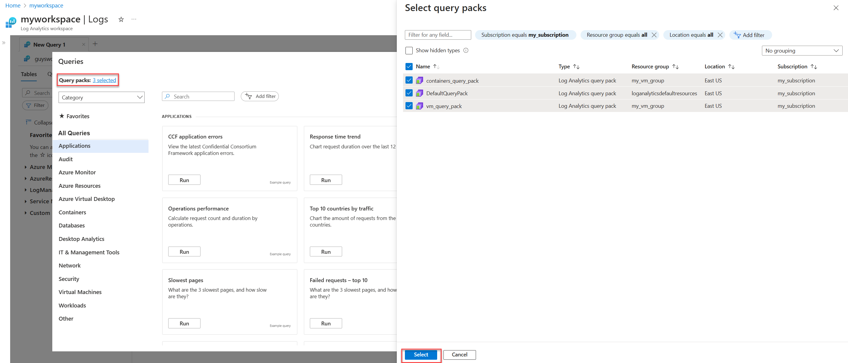 Captura de tela que mostra a página Selecionar pacotes de consultas no Log Analytics, na qual você pode adicionar pacotes de consultas a um workspace do Log Analytics.