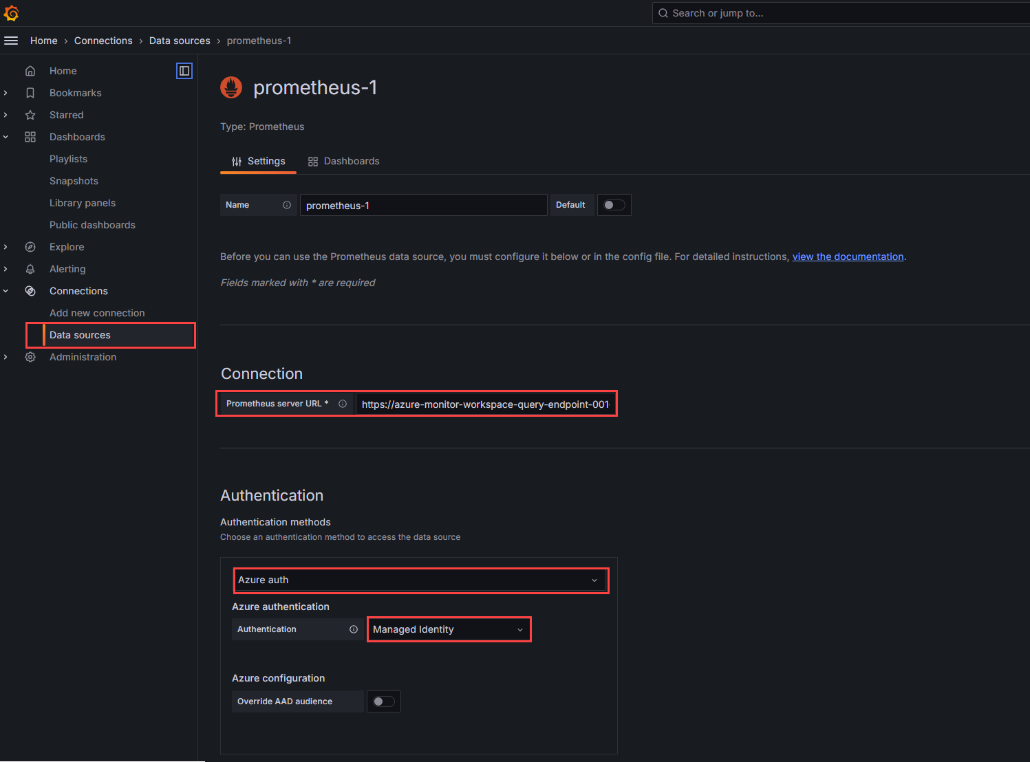 Captura de tela que mostra a configuração da fonte de dados do Prometheus.
