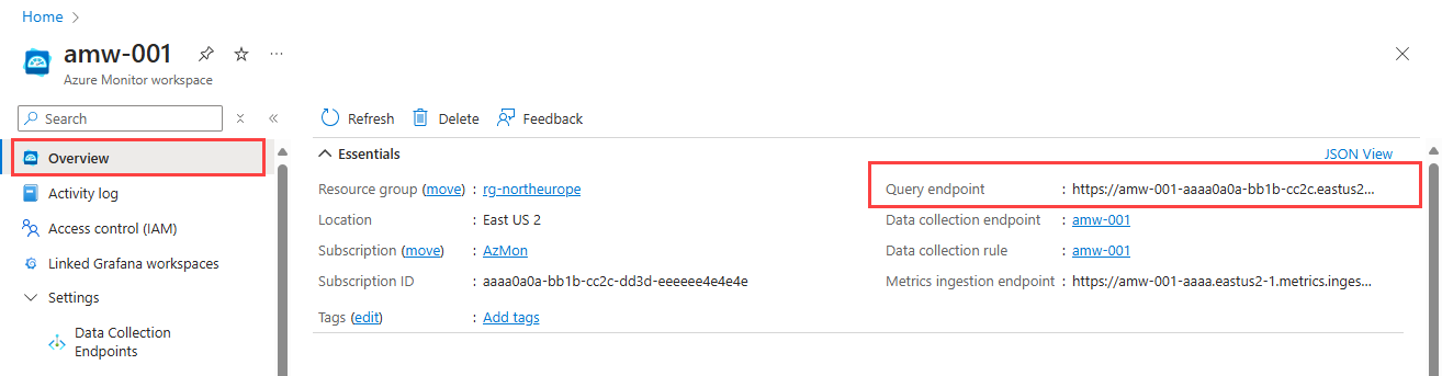Captura de tela que mostra a URL do ponto de extremidade de consulta para um workspace do Azure Monitor.