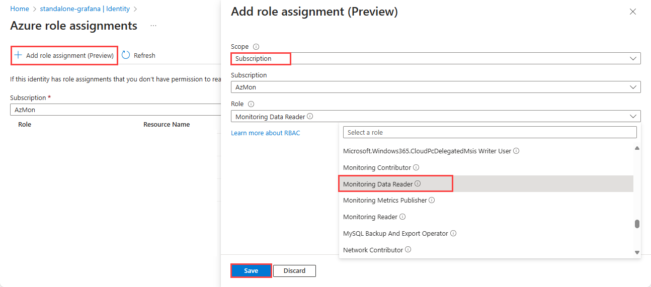Captura de tela que mostra a página Adicionar atribuição de função para uma identidade gerenciada.