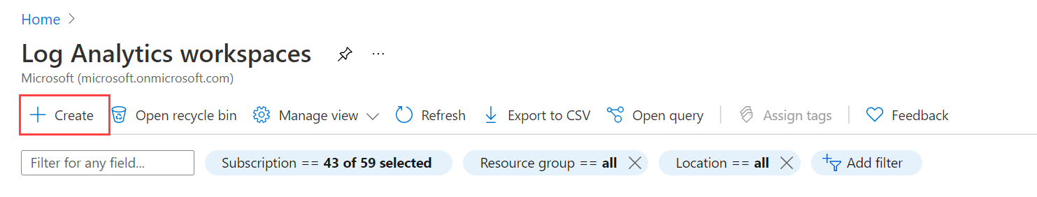 Captura de tela que mostra o botão Criar.