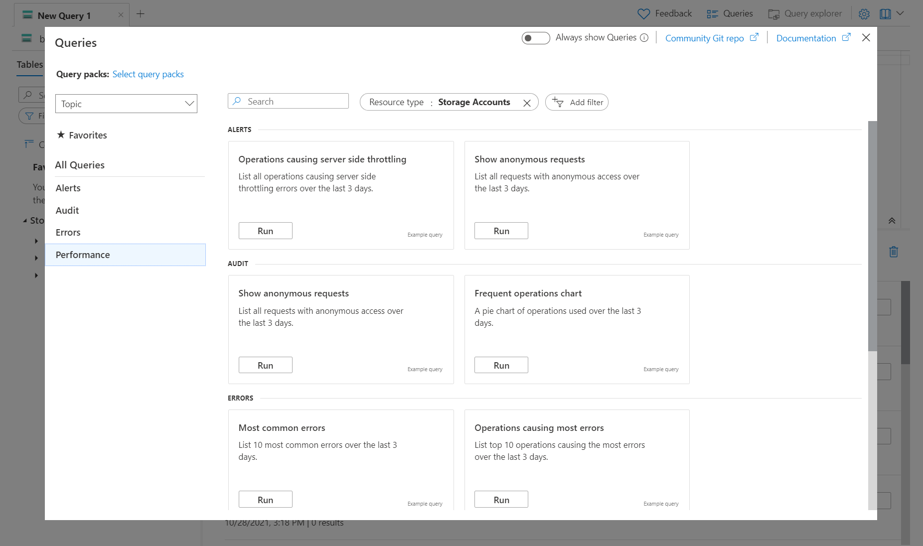 Captura de tela que mostra consultas de exemplo usando logs de recursos.