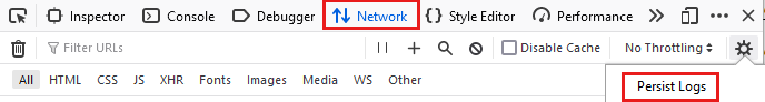 Captura de tela da configuração Rede para Persistir Logs no Firefox.