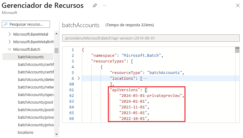 Captura de tela exibindo versões de API válidas para um tipo de recurso no Gerenciador de Recursos.