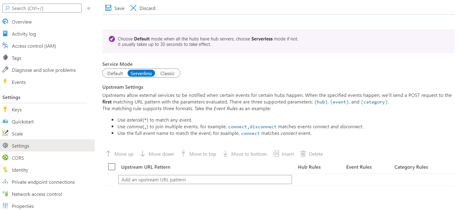 Captura de tela de Configurações Upstream do Serviço do Azure SignalR.