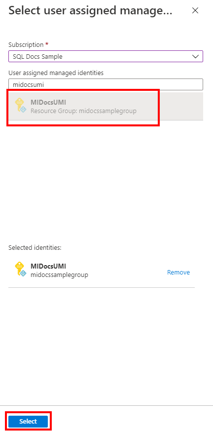 Captura de tela do portal do Azure da identidade gerenciada atribuída pelo usuário ao configurar a identidade do servidor.
