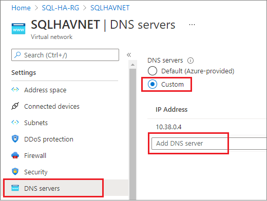 Captura de tela mostrando onde adicionar um servidor DNS para sua máquina virtual no portal do Azure.