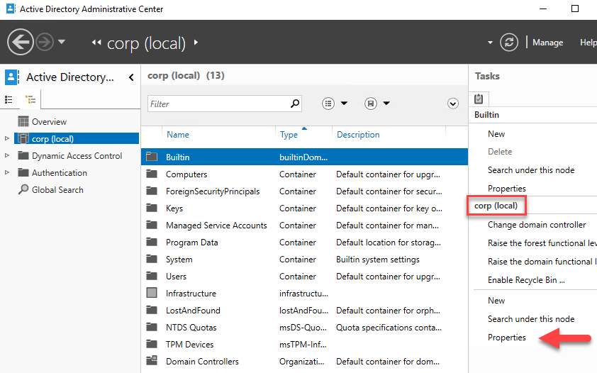 Captura de tela das propriedades do usuário do Centro Administrativo do Active Directory – CORP