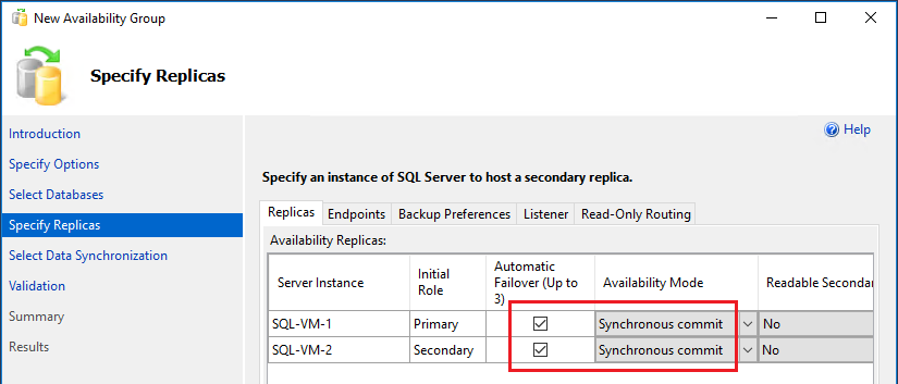 Captura de tela da página Especificar Réplicas no Assistente para Novo Grupo de Disponibilidade no SSMS, com o failover automático e o modo de disponibilidade realçados.