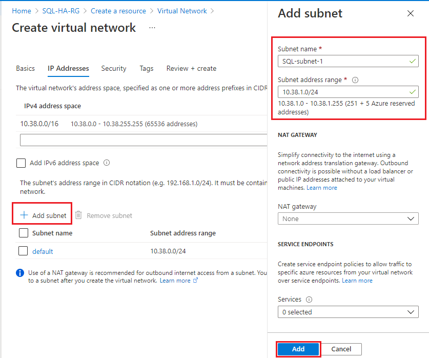 Captura de tela da página Criar rede virtual no portal do Azure com + Adicionar sub-rede. A caixa de diálogo Adicionar sub-rede está aberta e o nome da sub-rede 'sql-subnet-1' e o intervalo de endereços de sub-rede '10.38.1.0/24' são inseridos.
