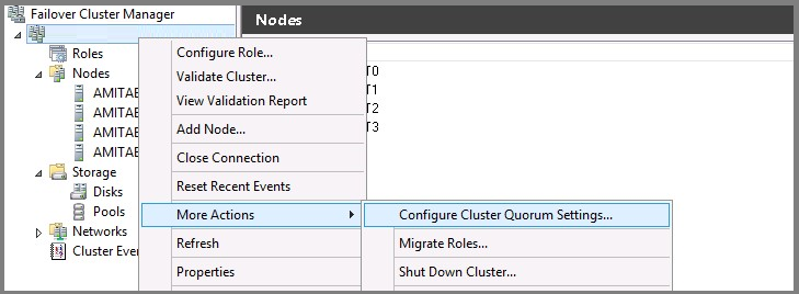 Captura de tela mostrando o caminho do menu para definir configurações de quorum de cluster na interface do usuário do Gerenciador de Cluster de Failover.