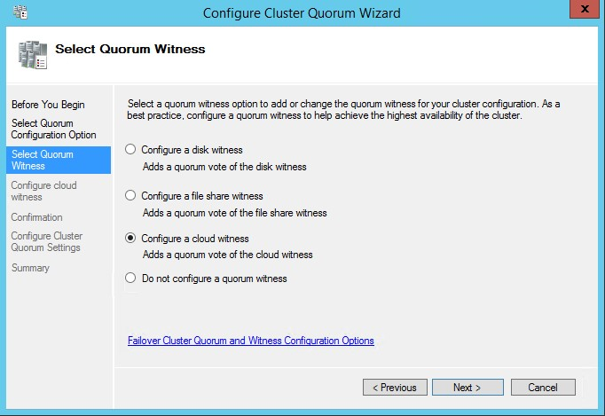 Captura de tela mostrando o botão de opção apropriado para selecionar uma testemunha de nuvem.