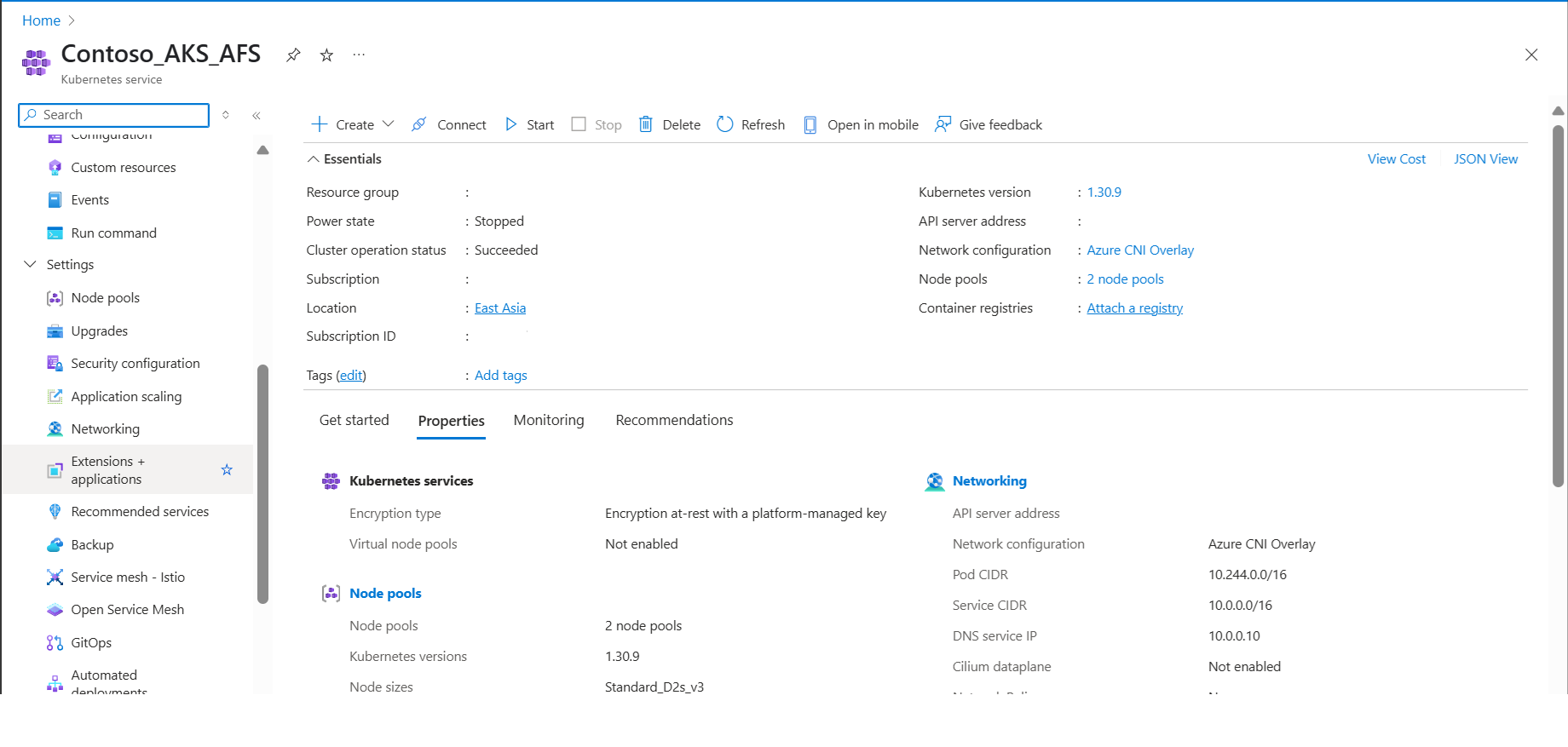 A captura de tela mostra o cluster do AKS no portal do Azure.