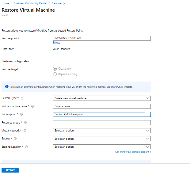 A captura de tela mostra que um ponto de restauração está selecionado para restauração de região secundária.