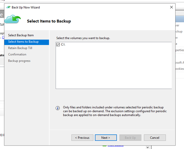 A captura de tela mostra como selecionar um subconjunto de volumes com backup periodicamente para backup sob demanda.