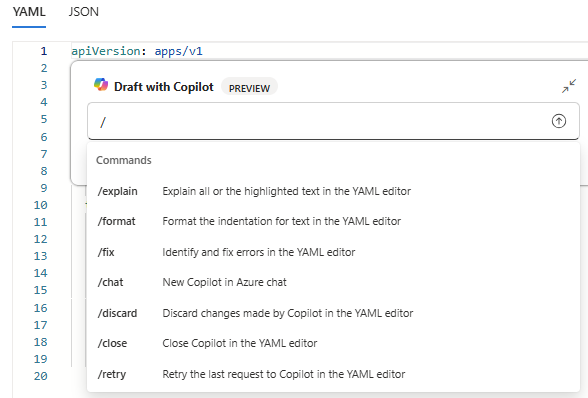 Captura de tela mostrando os comandos disponíveis no Microsoft Copilot embutido no controle do Azure em um arquivo YAML do AKS.