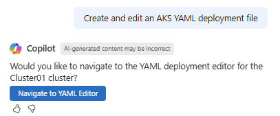 Captura de tela de uma solicitação de ajuda para gerar um arquivo YAML do AKS no Microsoft Copilot no Azure.