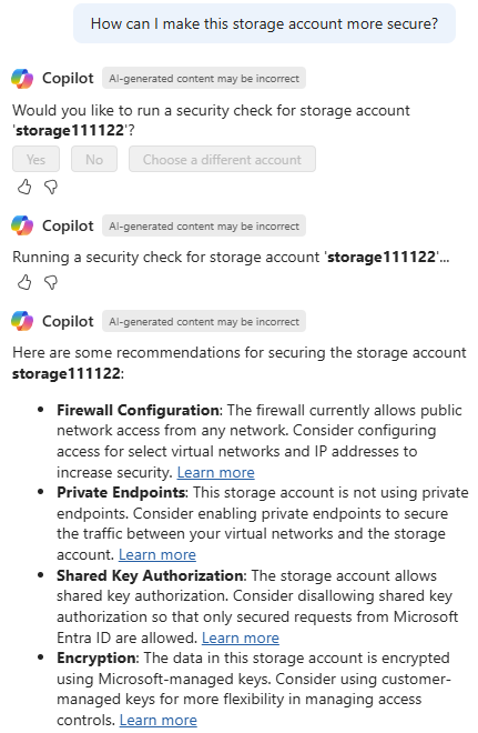 Captura de tela mostrando o Microsoft Copilot no Azure fornecendo sugestões sobre as melhores práticas de segurança da conta de armazenamento.