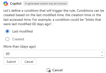 Captura de tela do Microsoft Copilot no Azure confirmando a ação e a condição para uma regra de gerenciamento do ciclo de vida da conta de armazenamento.