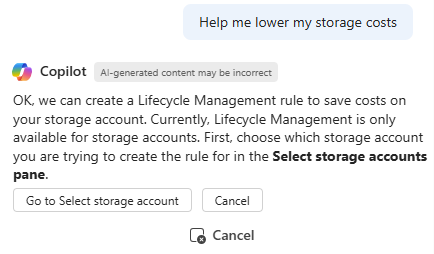 Captura de tela do Microsoft Copilot no Azure respondendo a uma solicitação para reduzir custos de armazenamento.