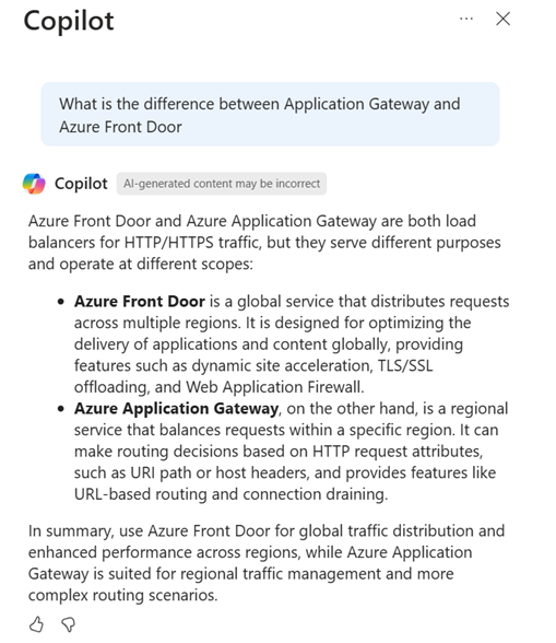 Captura de tela do Copilot no Azure descrevendo a diferença entre o Gateway de Aplicativo do Azure e o Azure Front Door.