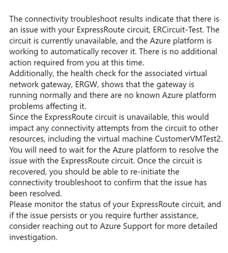 Captura de tela do Copilot no Azure analisando o caminho de dados para a VM e mostrando os possíveis motivos para o problema de conectividade.
