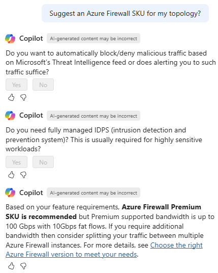 Captura de tela do Copilot no Azure sugerindo um SKU do Firewall do Azure para minha topologia.