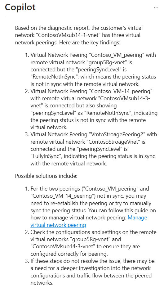 Captura de tela do Copilot no Azure analisando o emparelhamento da Rede Virtual e exibindo as descobertas.