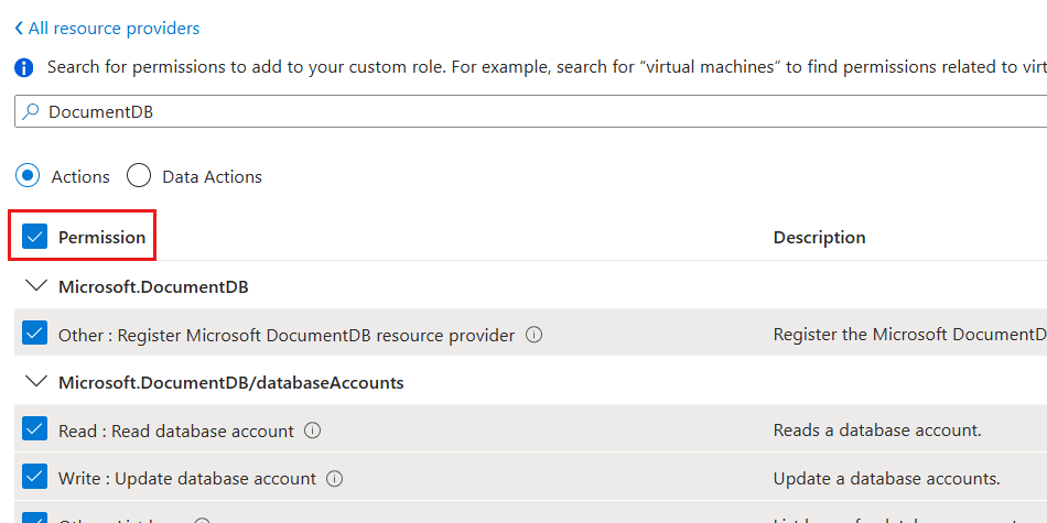 Captura de tela de todas as permissões selecionadas para 'DocumentDB' em uma caixa de diálogo para uma função personalizada.