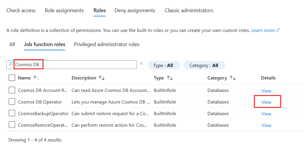 Captura de tela de uma lista de definições de função no escopo atribuível atual filtrado para incluir apenas definições com 'Cosmos DB' no título.