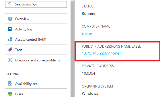 Captura de tela mostrando um endereço IP público para uma máquina virtual exibida no portal do Azure.