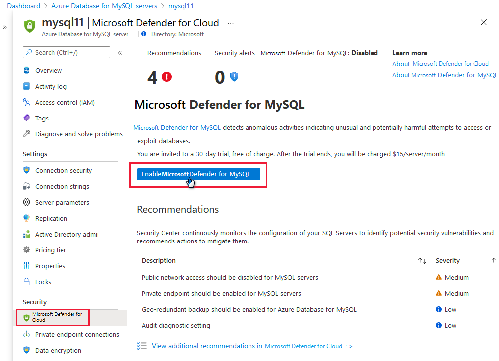 Captura de tela que mostra onde e como é o botão Habilitar o Microsoft Defender para MySQL e está localizado.