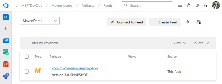 Uma captura de tela exibindo um pacote Maven publicado com êxito no feed.