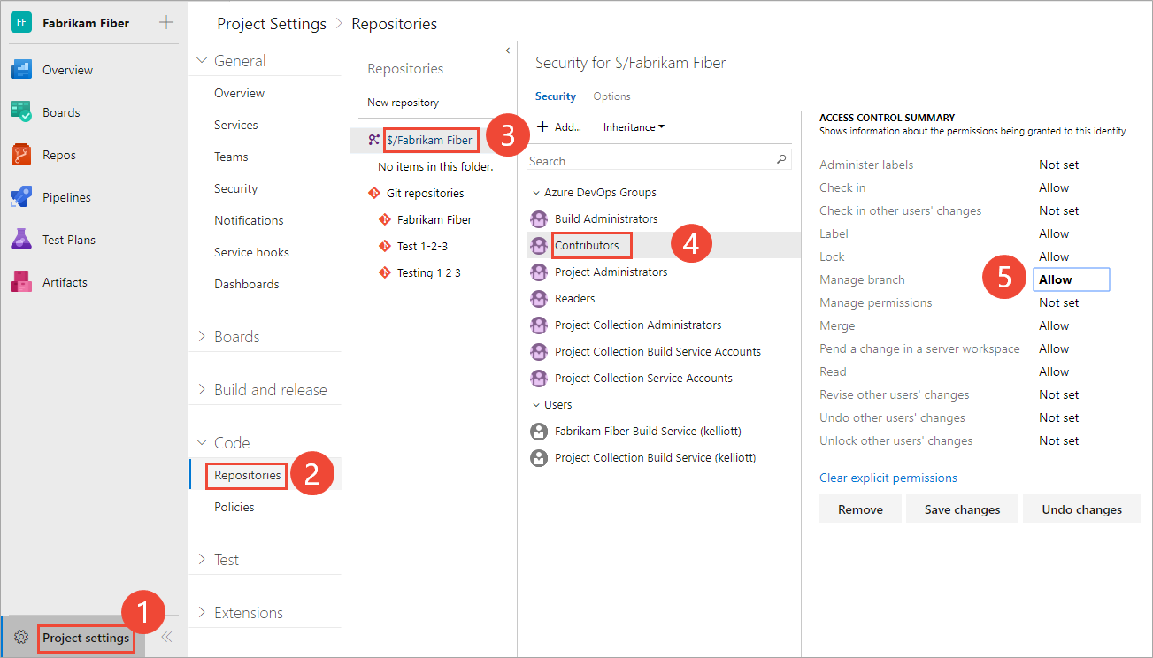 Captura de tela que mostra as configurações de segurança do Project para um repositório TFVC.