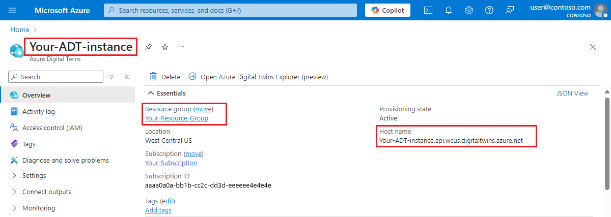 Captura de tela do portal do Azure, realçando os valores importantes da página Visão geral da instância dos Gêmeos Digitais do Azure.