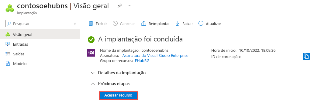 Captura de tela da página de Implantação concluída com o link para o recurso.