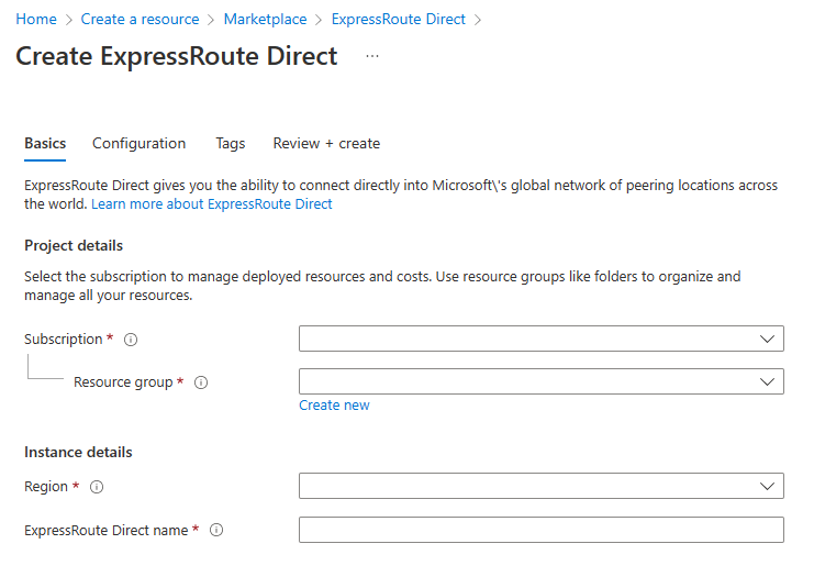 Captura de tela da página de informações básicas para criar o ExpressRoute Direct.