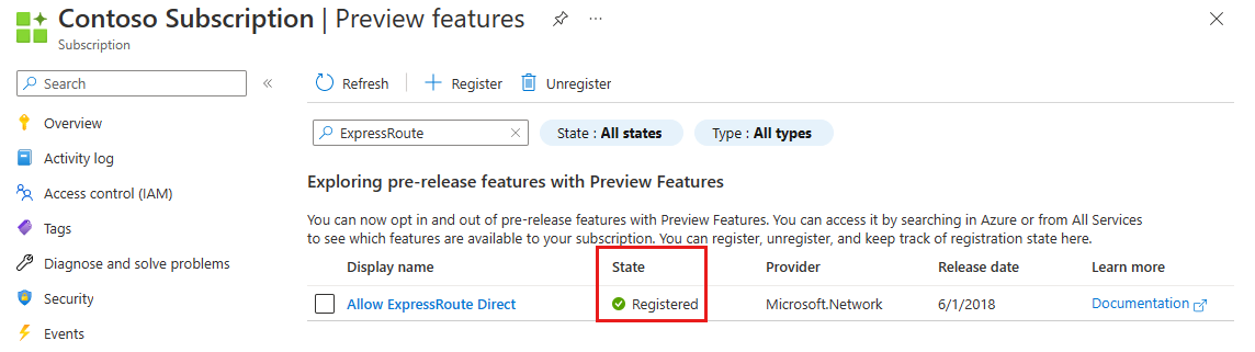 Captura de tela do recurso Permitir o ExpressRoute Direct registrado.