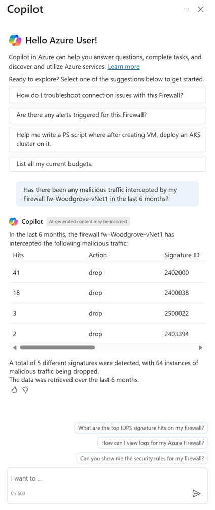 Captura de tela exibindo o recurso para recuperar as principais ocorrências de assinatura do IDPS para um Firewall do Azure.