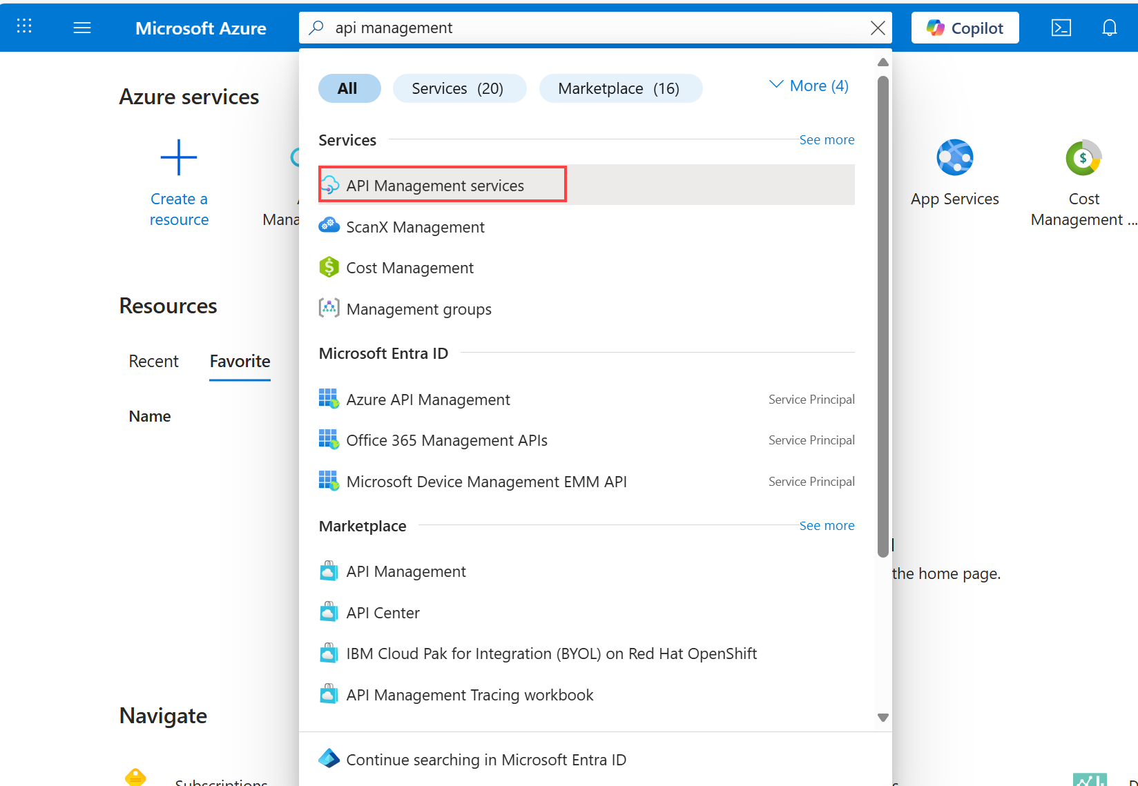 Selecione Serviços de Gerenciamento de API