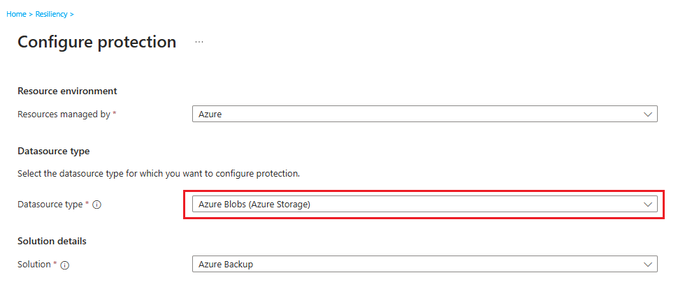 A captura de tela mostra como iniciar a configuração do backup de blob em cofre.