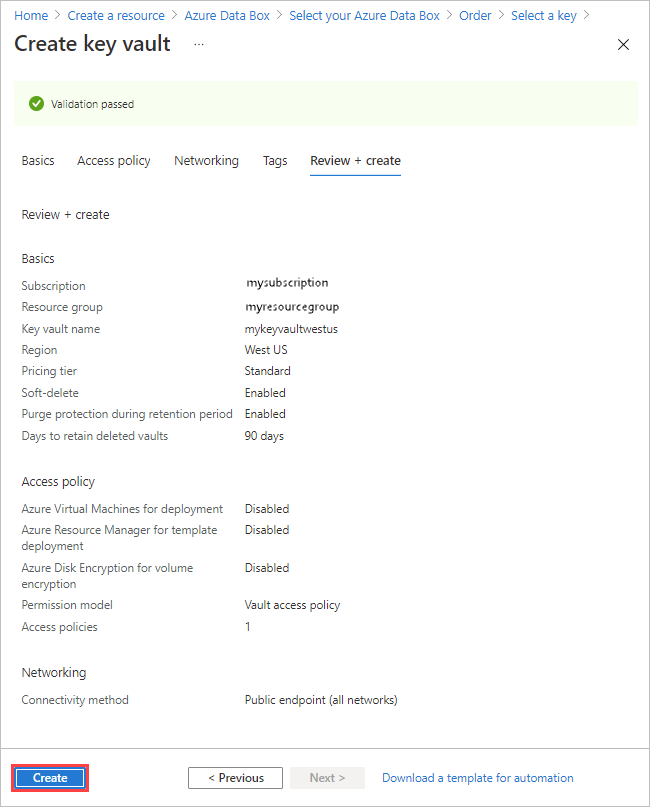 Captura de tela da guia Revisar Mais Criar do assistente Criar Cofre de Chaves para o Azure. O botão Criar está realçado.