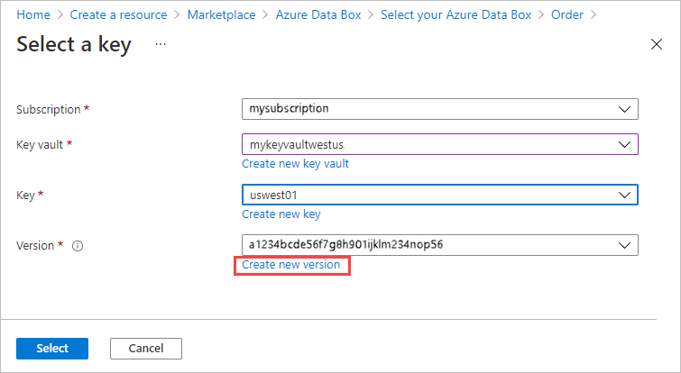 Captura de tela da tela Criar Uma Chave no Azure Key Vault. O link Criar Nova Versão está realçado.
