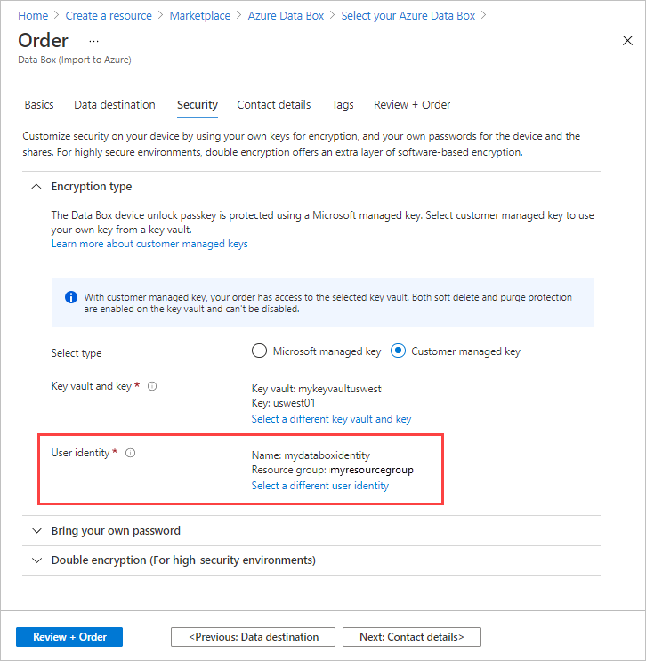 Captura de tela da guia Segurança de um pedido de importação do Data Box. Uma identificação de usuário selecionada é realçada nas configurações de Tipo de Criptografia.