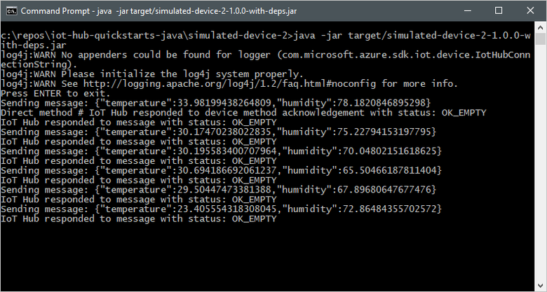 Captura de tela de uma janela de terminal que mostra a saída do aplicativo de dispositivo simulado.