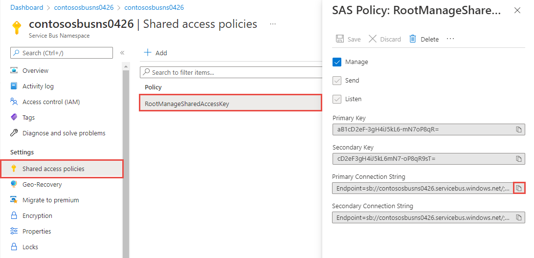 A captura de tela mostra uma política de SAS chamada RootManageSharedAccessKey, que inclui chaves e cadeias de conexão.